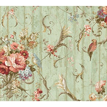York Wallcoverings HA1326 Blue Book Parrots with Floral Bouquets Wallpaper, Blue