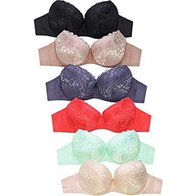 MaMia Women's Full Cup Push Up Lace Bras (Pack of 6)