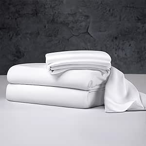 Luxury Tencel Sheets Set Queen Size, Expertly Crafted from Organic Eucalyptus, Naturally Cool Sheets, Silky Soft Lyocell Sheets with 6"-18" Deep Pocket, Hypoallergenic Hotel Bed Sheets（Queen, White)