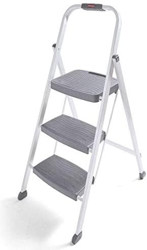 Rubbermaid RM-3W-2W Steel Frame 3-Step Folding Step-Stool with Hand Grip and Plastic Steps, 250-pound Capacity, White Finish