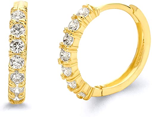 14k REAL Yellow Gold 2mm Thickness CZ Hoop Huggie Earrings - 3 Different Size Available