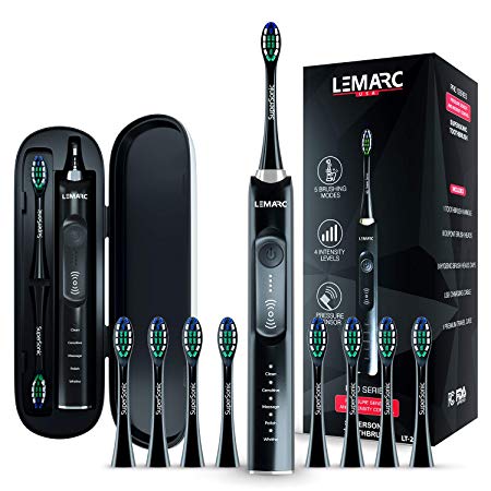 LEMARC USA. PRO Series SuperSonic toothbrush with PRESSURE SENSOR. 5 Brushing Modes and 4 INTENSITY Levels with 3D sliding control, 8 DuPont Bristles, Premium Travel Case.