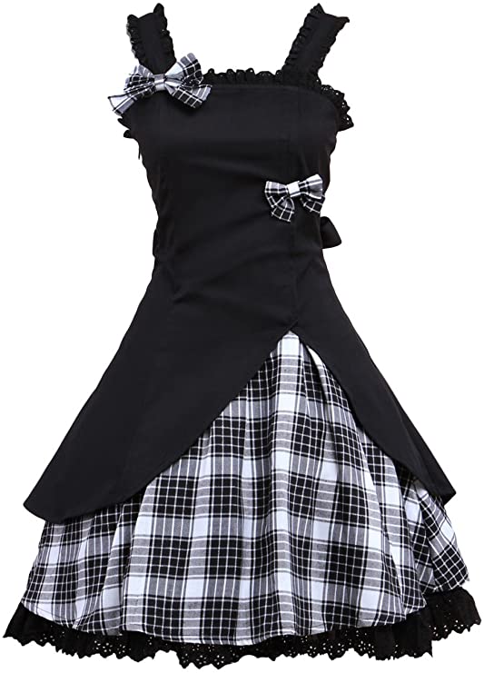Hugme Classic Black Straps Neck Bow Cotton Lolita Jumper Skirt