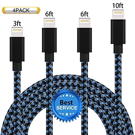 iPhone Cable SGIN, 4Pack 3FT 6FT 6FT 10FT Nylon Braided Cord Lightning Cable Certified to USB Charging Charger for iPhone 7,7 Plus,6S,6,SE,5S,5,iPad,iPod Nano 7 - BlackBlue