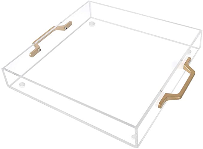 HIIMIEI Acrylic Serving Tray 12x12 Inch, Makeup Drawer Organizer, Decorative Tray, Table Tray - Perfect for Coffee, Appetizer, Breakfast (with Flat Handle)