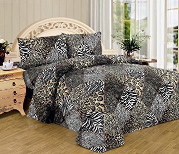 Fancy Linen Black White Leopard Zebra Sheet Set 4 Pc Safari Animal Print Pillow Shams Bedding (Full)