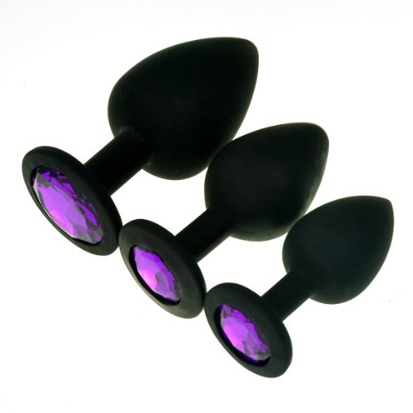 Hmxpls 3 Pcs Large, Medium, Small Silicone Jeweled Anal Butt Plugs Anal Trainer Toys (Black Purple)