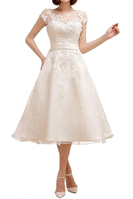MILANO BRIDE Short Wedding Dress Evening Gown Tea-Length Cap Sleeves Applique
