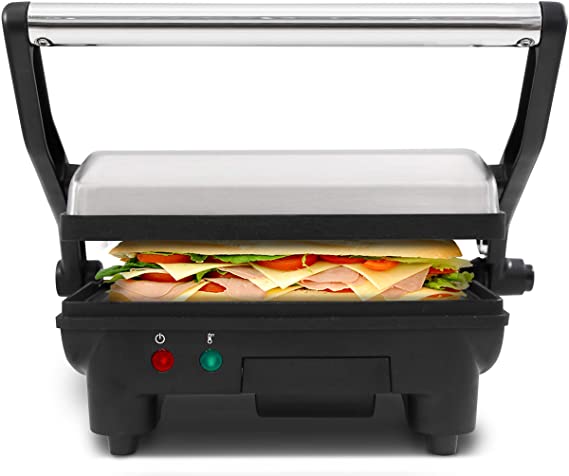 Elite Gourmet EPN-2976# Panini Press, Opens Flat 180-Degree, PFOA Free Non-Stick Sandwich Maker, Indoor Grill with Floating Hinge, Contact Grill with Removable Grease Tray, 10.5" x 9", Stainless Steel