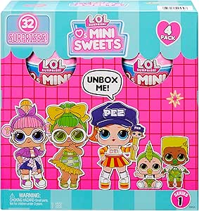 L.O.L. Surprise! Loves Mini Sweets Collectible Dolls 4-Pack #3 Jolly Rancher, Pez, Mike & Ikes, Dum Dums w/ 32 Surprises, Candy Theme, Accessories, Paper Packaging