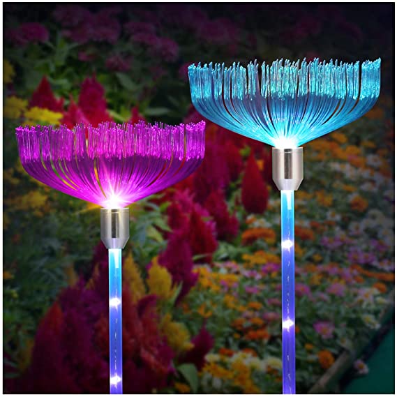 Solar Garden Lights Outdoor - Upgraded LED Solar Powered Stake Lights, Multi-Color Auto-Changing Waterproof Fiber Optic Decorative Lights for Patio, Backyard, Pathway, Party(2 Pack)