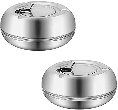 2 PCS Windproof Ashtray with Lid, Newness Stainless Steel Modern Tabletop Ashtray for Outdoor or Indoor Use, Desktop Smoking Ash Tray for Home Office Decoration
