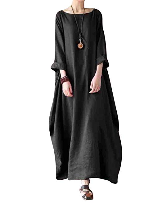 Jacansi Women Summer Stripe Long Sleeve V-Neck Cotton Linen Plus Size Kaftan Dress S-5XL