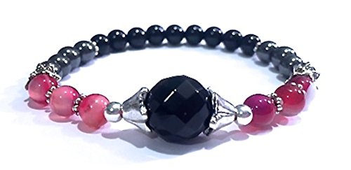 Handmade Black Onyx, Pink Stripe Agate, Hematite and Black Tourmaline Healing Bracelet