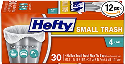 Hefty Flap Tie Small Trash Bags Odor Control, 4 Gallon 12 Packages of 30 Bags (360 Total)