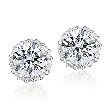 Bria Lou Platinum or Yellow Gold Flashed 925 Sterling Silver 100 Facets Round-Cut Cubic Zirconia Halo Stud Earrings