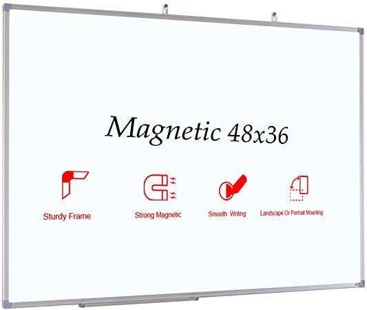 JILoffice Magnetic Dry Erase Board, White Board 48 x 36 Inch, Silver Aluminum Frame with Detachable Marker Tray and Two Hooks for Office School and Home