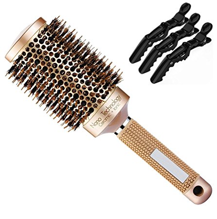 VPAL Hair Brush Round Barrel with 3Pcs Hair Clips, Natural Boar Bristle, Nano Thermal Ceramic & Ionic Round Brush for Blow Drying, Curling & Straightening, 2 inch