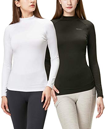 DEVOPS Women's 2 Pack Thermal Heat-Chain Compression Baselayer Tops Mock Turtleneck Long Sleeve T-Shirts