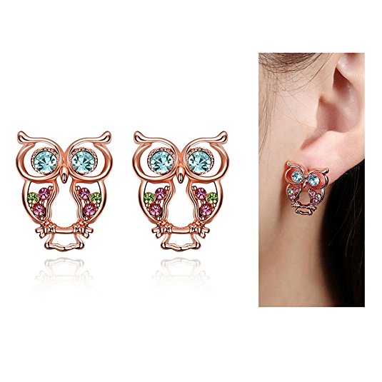 Eternity J. Cute 18K Rose Gold Plated Color Czech Drill Owl Earrings Fancy Stud Earrings