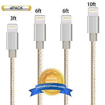 Aonsen iPhone Cable 4 Pack 3FT 6FT 6FT 10FT Charging Cord Nylon Braided 8 Pin to USB Lightning Charger for iPhone X, 8 Plus, 8, 7 Plus, 7, SE,5,5s,6,6s,6 Plus,iPad Air,Mini,iPod (Gold&Silver)
