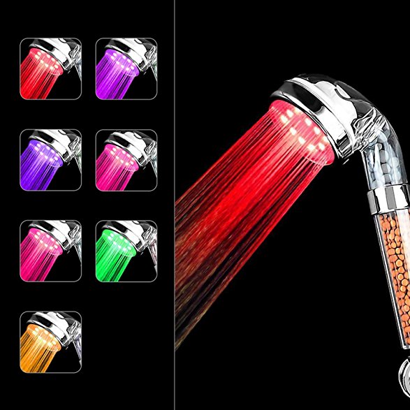 LED Shower Head, Negative Ionic Double Filter Removes Heavy Metals, Chlorine, Bacteria and Impurities, 7 Color Changing, ICFPWR LED Handheld Shower Head [Large]