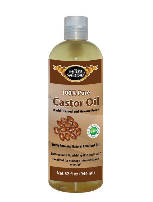 1 Castor Oil 32 OZ by Belleza Solutions - Cold Pressed and Hexane Free - 100 Pure and Natural Emolient Oil