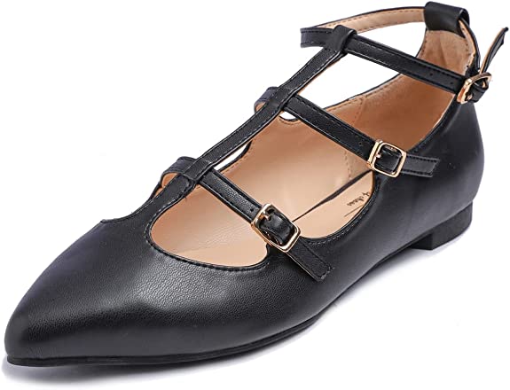 FEVERSOLE Women's Pointed Mary Jane Shoes Fashion Strap Buckle Slip On Flats