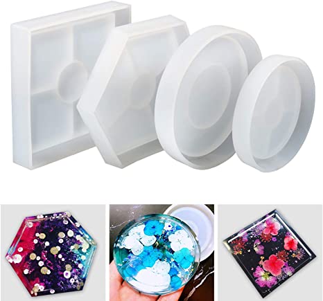 LET'S RESIN Coaster Molds for Resin Casting, 4Pcs Silicone Coaster Molds for Epoxy Resin,Square Round Hexagon Resin Molds for Making Coasters, Candle Holders, Flower Pot Holders, Bowl Mat