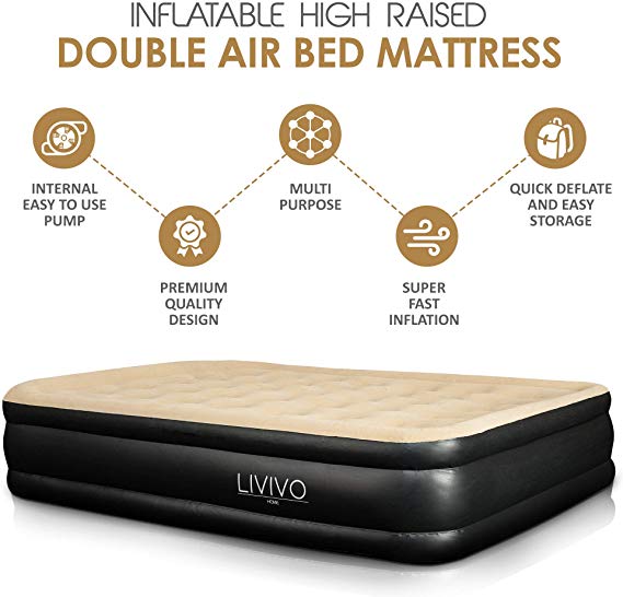 LIVIVO Luxury Flocked Air Bed Mattress – Portable Inflatable Double Airbed with Built-In Electric Pump, Elevated, Raised & Structured Air Coil Technology (Double)