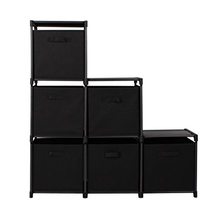 mockins 3 Tier Storage Rack Bookcase Shelf Bundle With 6 Foldable Cube Storage Bins That Perfectly Fit Into The 6 Cube Closet Organizer Cabinet - Black Bins