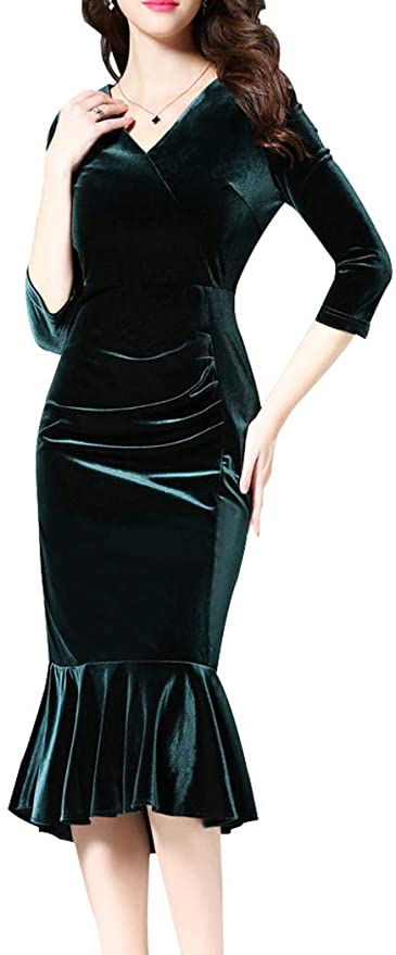 K&S Women's 3/4 Sleeve Flounce Ruffle Hem Velvet Midi Dress Elegant Ruched Velvet Dress