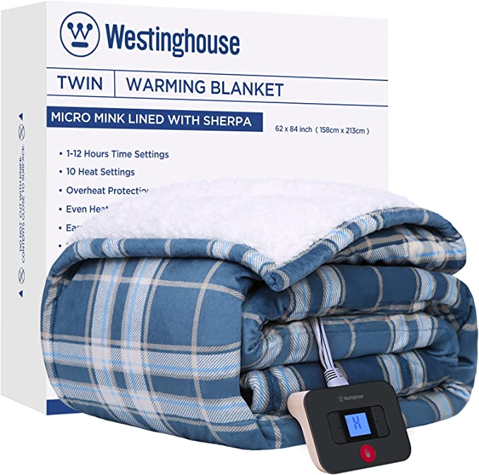 Westinghouse Electric Blanket Heated Blanket, Plaid Sherpa Heating Blanket, 10 Heat Settings & 1-12 Hours Time Settings, Teal Plaid, 62" x 84" Twin Size