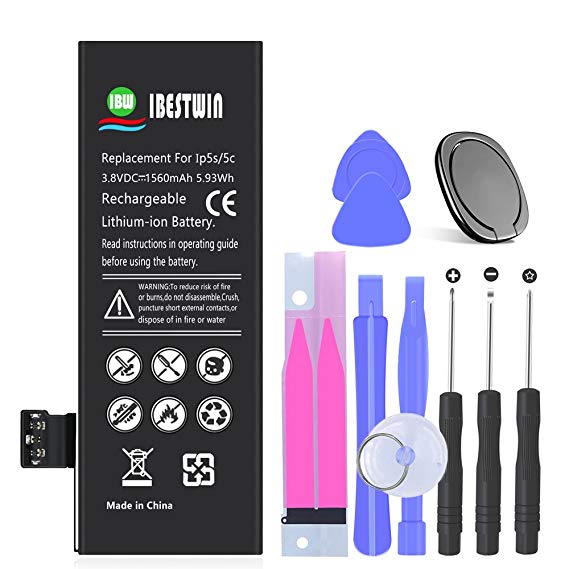 IBESTWIN Replacement Battery for iPhone 5S/5C with Repair Tool Kits, Adhesive Strip and Instruction, 1560mAh 0 Cycle [ 24 Month Warranty]