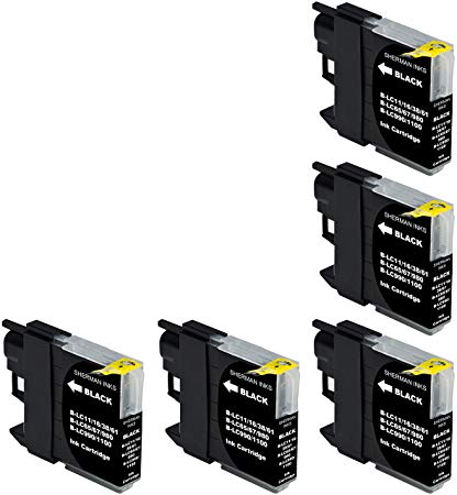 Sherman Inks and Toner Cartridges ® 5 Pack ALL BLACK Compatible Brother LC61 LC 61 Ink Cartridge Multipack None-Oem Replacement for Inkjet Printers: DCP-165C, DCP-375CW, DCP-385C, DCP-395CN, DCP-585CW, DCP-6690CW, DCP-J140W, DCP-J715W, MFC-250C, MFC-255CW, MFC-290C, MFC-295CN, MFC-490CW, MFC-495CW, MFC-5490CN, MFC-5890CN, MFC-5895CW, MFC-6490CW, MFC-6890CDW, MFC-6890DW, MFC-790CW, MFC-795CW, MFC-990CW, MFC-J220, MFC-J265W, MFC-J270W, MFC-J410W, MFC-J415W,J615W, J630W BK C M Y