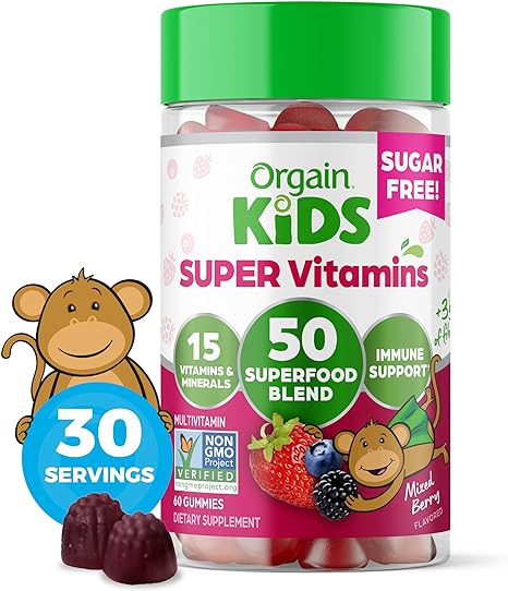 Orgain Kids Sugar Free Multivitamin Gummies, Vegan, 50 Superfoods, 15 Vitamins and Minerals, Immune Support and 3g of Fiber, Mixed Berry, Ages 4 , 1 Month Supply (60 Gummies)