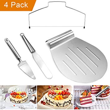 TedGem Cake Serving Set, Set of 4,Knife and Server Set,Cake Leveller/Cake Cutting Wire, Icing Spatulas,Cake Shovel Transfer Cake Tray,Cookie Pizza Tray Fondant Moving Paste Tool Bread Pan