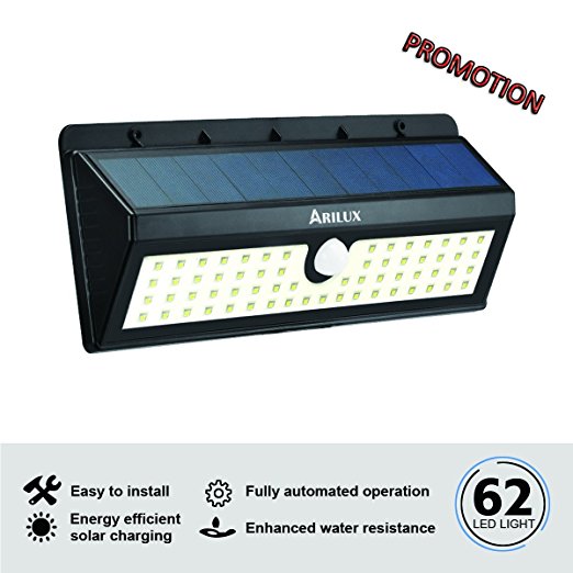 Solar Light, ARILUX 62 LED Solar Motion Sensor light Outdoor Waterproof Wall Light with Three Intelligent Modes for Patio, Garden, Back Door