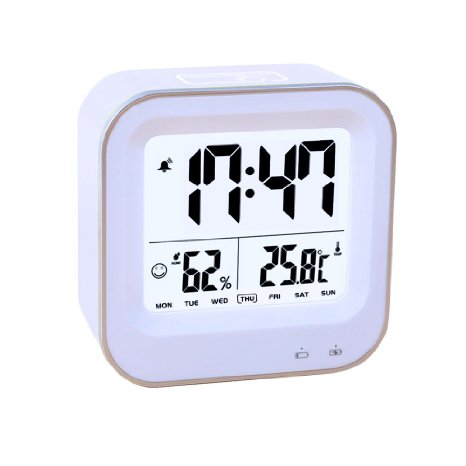 Small Alarm Clock, Samshow Rechargeable Travel Clock with 12/24h, Temperature(C/F), Humidity, Week Display, Snooze, Sensor Backlight (White, Build-IN Battery)