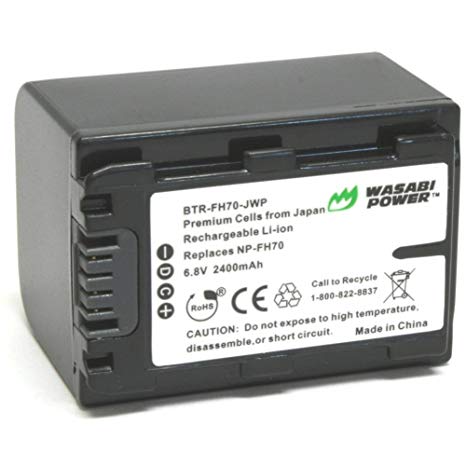 Wasabi Power Battery for Sony NP-FH70, NP-FH60 (2400mAh) and Sony DCR-DVD650, DCR-HC20, DCR-HC21, DCR-HC22, DCR-HC48, DCR-HC51, DCR-HC52, DCR-HC53, DCR-HC62, DCR-SR42, DCR-SR45, DCR-SR65, DCR-SR82, DCR-SR85, DCR-SR200, HDR-CX7, HDR-CX100, HDR-HC9, HDR-SR7, HDR-SR8, HDR-SR10, HDR-SR11, HDR-SR12, HDR-XR500V