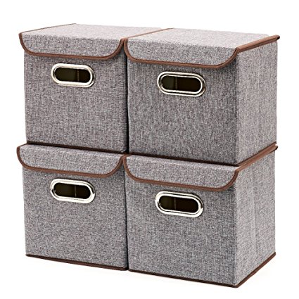 Storage Boxes, [4-Pack] EZOWare Linen Fabric Foldable Storage Cubes Bin Box Containers Drawers with Lid - Gray