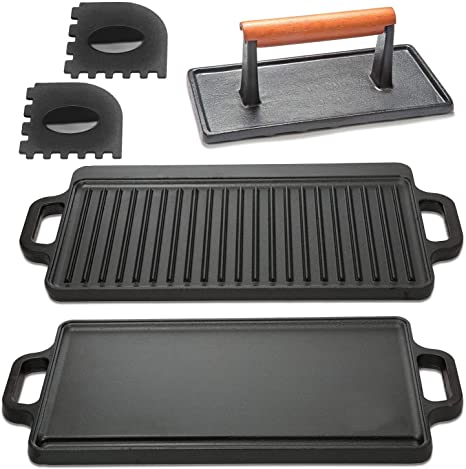 Cast Iron Griddle with Accessories Includes Reversible Cast Iron Griddle/Grill (17" x 9"), Cast Iron Grill Press (4"x 8"), And Two Durable Grill Pan Scrapers (black with griddle ridges)