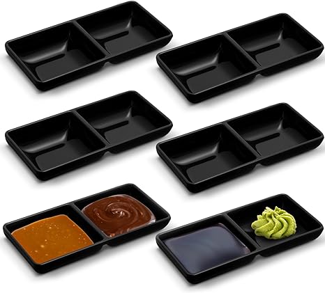 Gejoy 6 Pcs Dual Dipping Sauce Bowls Melamine Soy Sauce Dish Bowls Two Compartments Party Trays Divided Fondue Plates for Restaurant Kitchen Sushi Soy Sauce, Black
