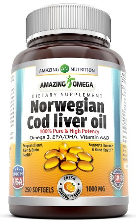 Amazing Nutrition Norwegian Cod Liver Oil, 1000 Mg 250 Softgels Fresh Orange Flavor
