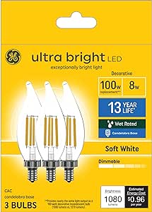 GE Ultra Bright LED Light Bulbs, 100W, Soft White Candle Lights, Clear Decorative CA12 Light Bulbs, Candelabara Base, 3 count (Pack of 1)