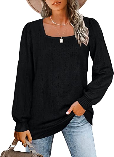 WFTBDREAM Women's Casual Square Neck Ribbed Knit Sweaters Loose Pullover Tops