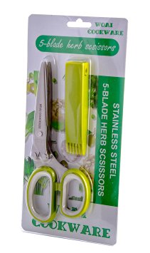 WOAI Multipurpose 5 Blades Stainless Steel Herb Scissors - Ultra Sharp Multi Blades Heavy Duty Kitchen Shears - Cut, Snip, Chop Quick and Easy - Includes Cleaning Comb Safety Cover