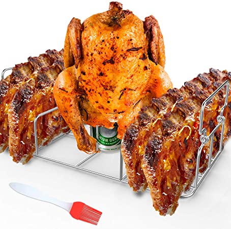 RUSFOL Stainless Steel Beercan Chicken Roaster and Rib Rack with a Silicone Oil Brush, Rectangle BBQ Stand for Smoker,Oven and Grill, Hold Up to a Whole Chicken and 4 Ribs at a time