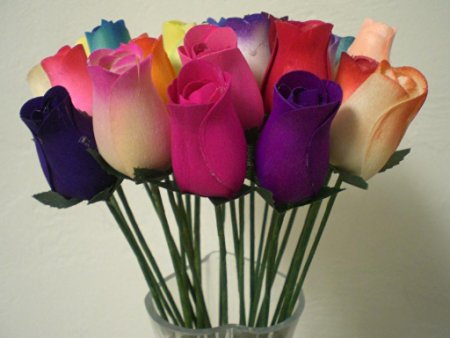2 Dozen 24 Mixed Color Bouquet of Wooden Rose Buds Artificial Flower