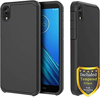 ATUS Moto E6 Case with Full Cover Tempered Glass Screen Protector, Motorola Moto E 6th Gen - Hybrid Dual Layer Protective TPU Case (Black/Black)